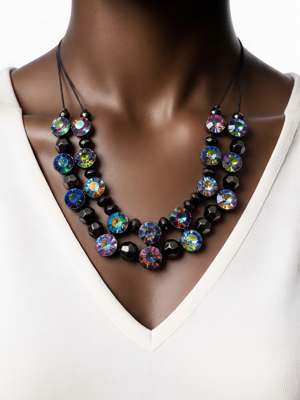 NY Iridescent AB Crystal Double-Strand Statement Necklace 16” to 19” NWOT